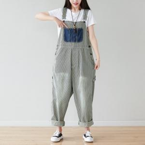 Blue Patch Pocket Baggy Dungarees Vertical Striped Grey Overalls