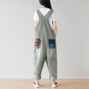 Blue Patch Pocket Baggy Dungarees Vertical Striped Grey Overalls