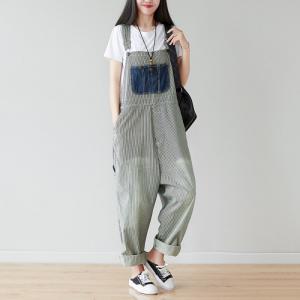 Blue Patch Pocket Baggy Dungarees Vertical Striped Grey Overalls