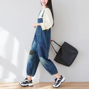 Baggy-Fit Patchwork Jean Overalls Patch Pocket Blue Bootcut Overalls