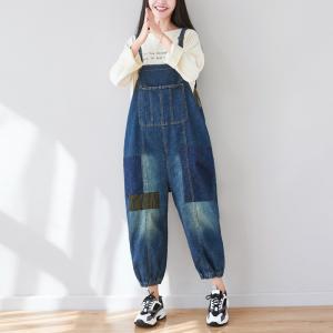 Baggy-Fit Patchwork Jean Overalls Patch Pocket Blue Bootcut Overalls