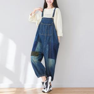 Baggy-Fit Patchwork Jean Overalls Patch Pocket Blue Bootcut Overalls