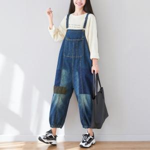 Baggy-Fit Patchwork Jean Overalls Patch Pocket Blue Bootcut Overalls