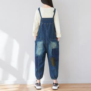 Baggy-Fit Patchwork Jean Overalls Patch Pocket Blue Bootcut Overalls