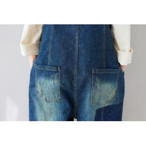 Baggy-Fit Patchwork Jean Overalls Patch Pocket Blue Bootcut Overalls