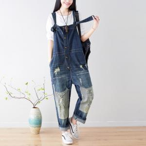 Button Down Distressed Overalls Baggy Denim One-Piece Trousers