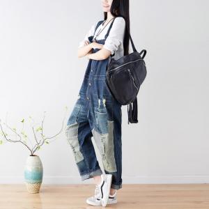 Button Down Distressed Overalls Baggy Denim One-Piece Trousers