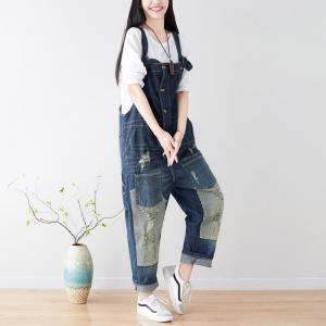 Button Down Distressed Overalls Baggy Denim One-Piece Trousers