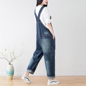 Button Down Distressed Overalls Baggy Denim One-Piece Trousers