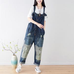 Button Down Distressed Overalls Baggy Denim One-Piece Trousers