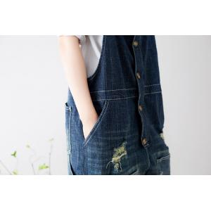 Button Down Distressed Overalls Baggy Denim One-Piece Trousers