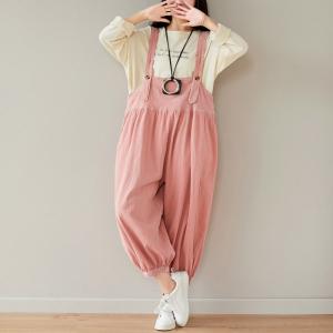 Pastel Color Balloon Leg Overalls Open Back Cotton Linen Dungarees