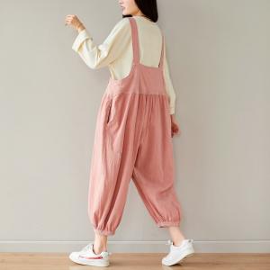 Pastel Color Balloon Leg Overalls Open Back Cotton Linen Dungarees