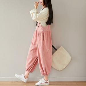 Pastel Color Balloon Leg Overalls Open Back Cotton Linen Dungarees