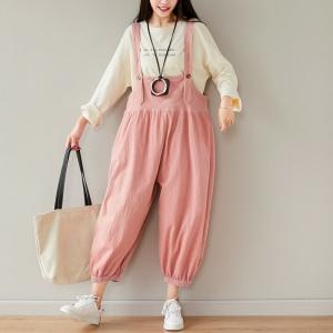 Pastel Color Balloon Leg Overalls Open Back Cotton Linen Dungarees