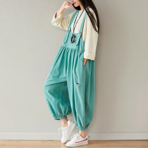 Pastel Color Balloon Leg Overalls Open Back Cotton Linen Dungarees