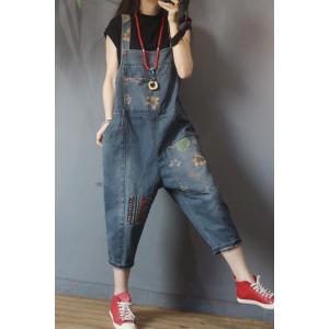 Ethnic Patchwork Dungaree Pants Flowers Pattern Baggy Overalls