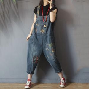Ethnic Patchwork Dungaree Pants Flowers Pattern Baggy Overalls