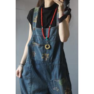 Ethnic Patchwork Dungaree Pants Flowers Pattern Baggy Overalls