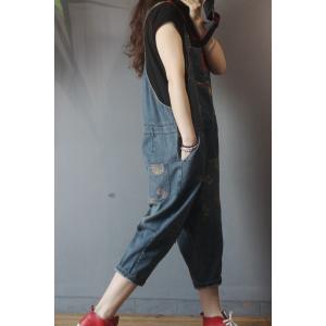 Ethnic Patchwork Dungaree Pants Flowers Pattern Baggy Overalls