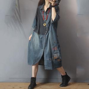 Polo Collar Slanted Buttons Denim Shirt Dress Folk Patchwork Streetwear