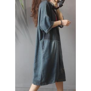 Polo Collar Slanted Buttons Denim Shirt Dress Folk Patchwork Streetwear