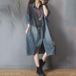 Polo Collar Slanted Buttons Denim Shirt Dress Folk Patchwork Streetwear