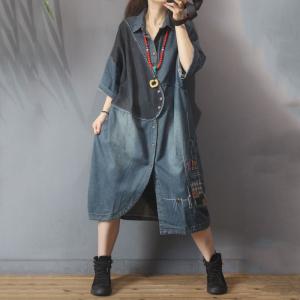 Polo Collar Slanted Buttons Denim Shirt Dress Folk Patchwork Streetwear