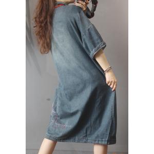 Polo Collar Slanted Buttons Denim Shirt Dress Folk Patchwork Streetwear