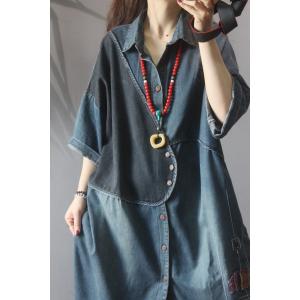 Polo Collar Slanted Buttons Denim Shirt Dress Folk Patchwork Streetwear