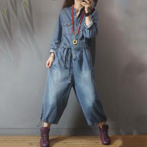 Drawstring Legs Denim Casual Jumpsuits Belted Jean Jumpsuits