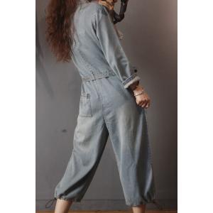 Drawstring Legs Denim Casual Jumpsuits Belted Jean Jumpsuits