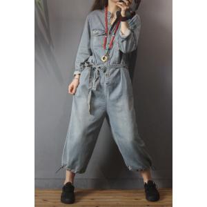 Drawstring Legs Denim Casual Jumpsuits Belted Jean Jumpsuits