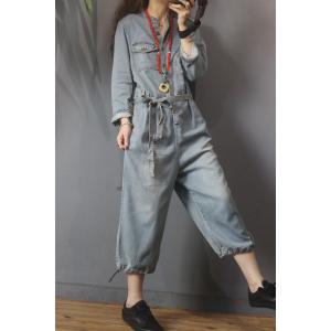 Drawstring Legs Denim Casual Jumpsuits Belted Jean Jumpsuits