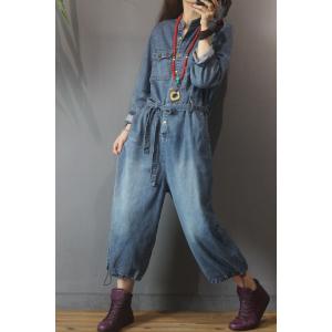 Drawstring Legs Denim Casual Jumpsuits Belted Jean Jumpsuits