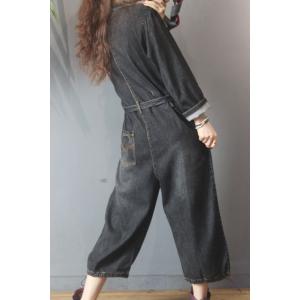 Drawstring Legs Denim Casual Jumpsuits Belted Jean Jumpsuits