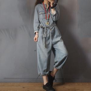 Drawstring Legs Denim Casual Jumpsuits Belted Jean Jumpsuits