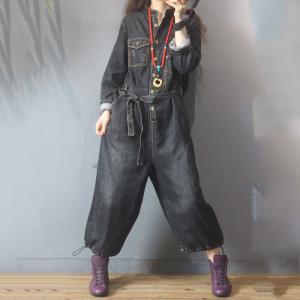 Drawstring Legs Denim Casual Jumpsuits Belted Jean Jumpsuits