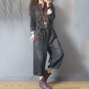 Drawstring Legs Denim Casual Jumpsuits Belted Jean Jumpsuits