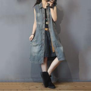 Single-Breasted Denim Long Vest Polo Collar Summer Sleeveless Jacket