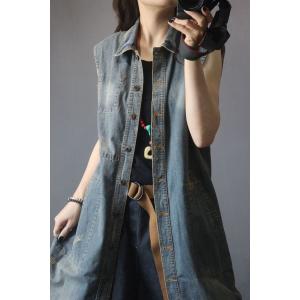 Single-Breasted Denim Long Vest Polo Collar Summer Sleeveless Jacket