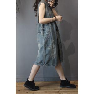 Single-Breasted Denim Long Vest Polo Collar Summer Sleeveless Jacket