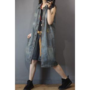 Single-Breasted Denim Long Vest Polo Collar Summer Sleeveless Jacket