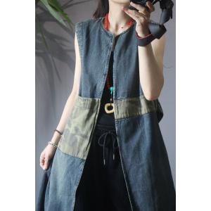 Camouflage Patchwork Long Vest  Womens Denim Waistcoat