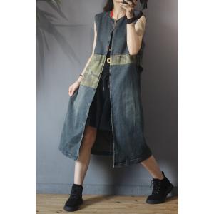 Camouflage Patchwork Long Vest  Womens Denim Waistcoat