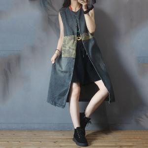 Camouflage Patchwork Long Vest  Womens Denim Waistcoat