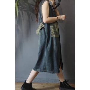 Camouflage Patchwork Long Vest  Womens Denim Waistcoat