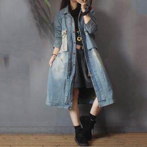 Yesno JQ3 Women Fashion Long Loose Maxi Distressed Denim Trench Jacket Coat Casual Plus Size Lapel Fringed Cut Large Hem
