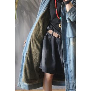 Flap Pockets Fleece Lined Coat Plus Size Denim Winter Coat