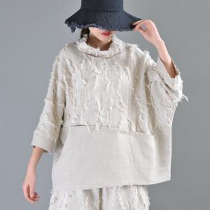 High-End Turtleneck Shirt Linen Fringed Oversized Pullover